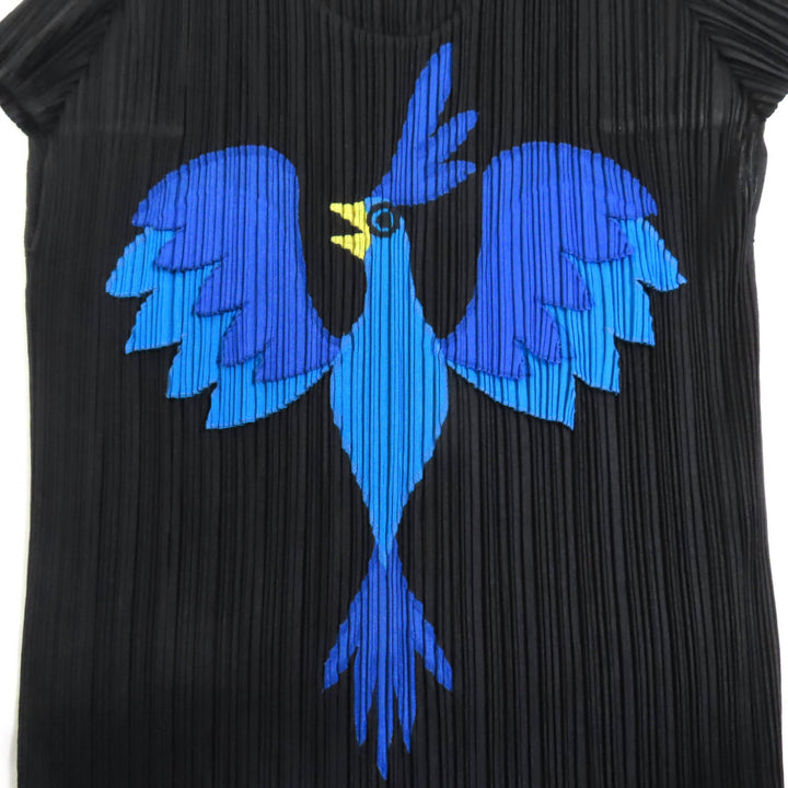 極美品◇PLEATS PLEASE プリーツプリーズ イッセイミヤケ PP33-JK692 青い鳥 カットワーク 半袖 トップス 黒 3 日本製 正規品 レディース