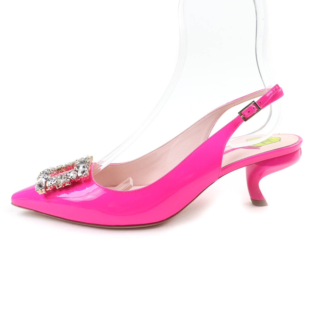 未使用品★ROGER VIVIER ロジェヴィヴィエ ヴィルギュル ストラスバックル バックストラップ パテントレザー パンプス ピンク 38 伊製
