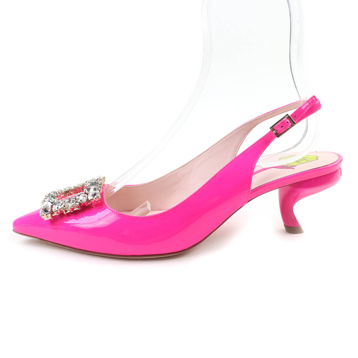 未使用品★ROGER VIVIER ロジェヴィヴィエ ヴィルギュル ストラスバックル バックストラップ パテントレザー パンプス ピンク 38 伊製