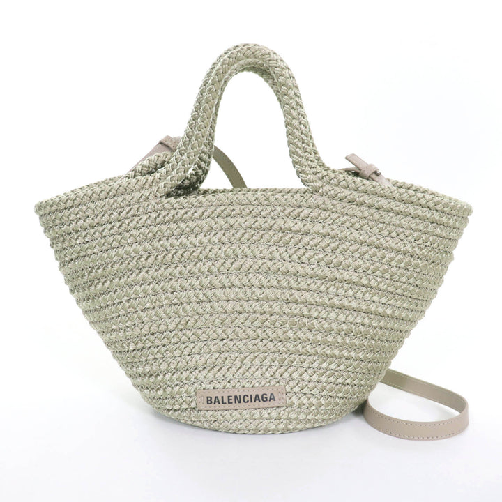 極美品★BALENCIAGA バレンシアガ 695612 イビザ スモール ロゴパッチ付 2way バスケットバッグ カーキ 保存袋付 イタリア製 レディース