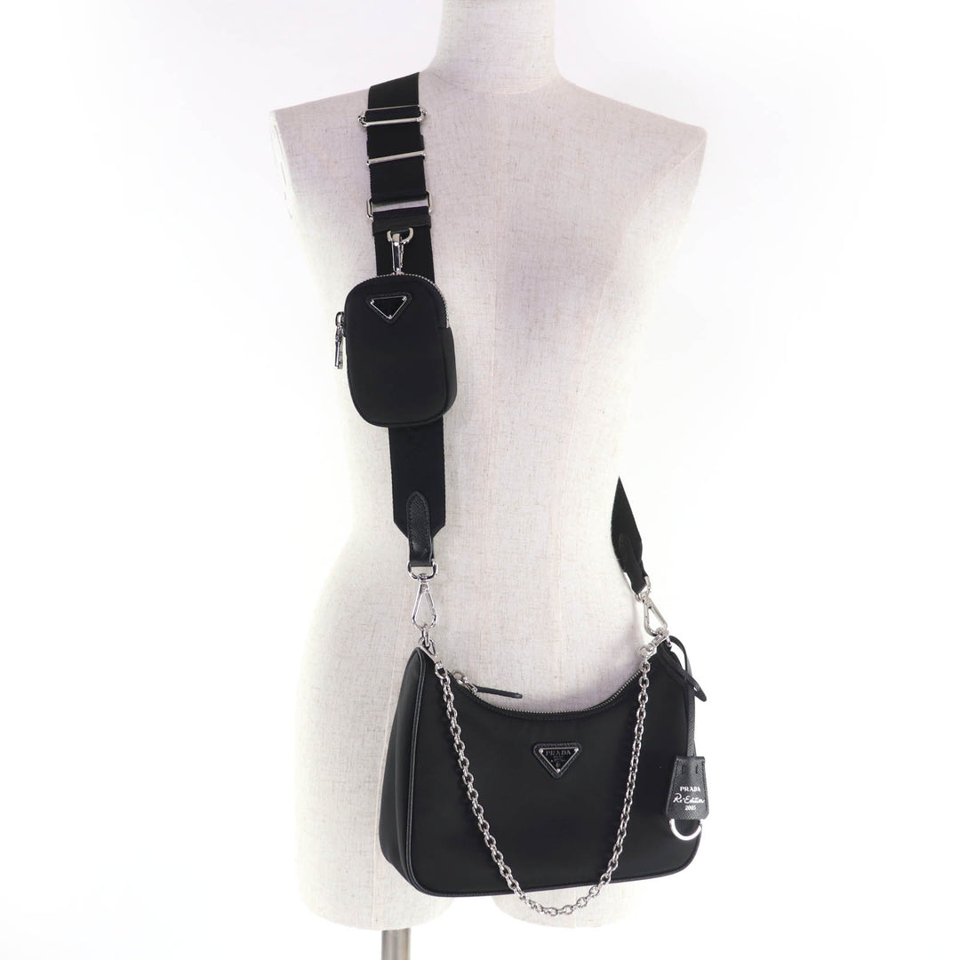 未使用品☆PRADA プラダ 1BH204 Re-Edition トライアングルロゴ ポーチ付 2WAY ハンド ショルダーバッグ ブラック イタリア製 レディース