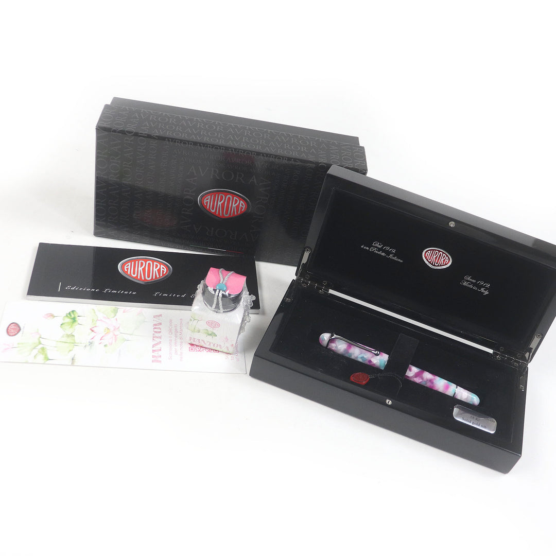 未使用品□AURORA アウロラ ヴィアッジオ セグレート 18K Fニブ MANTOVA マントヴァ 万年筆 ピンク ブルー 箱・ケース付き 伊製 843/888
