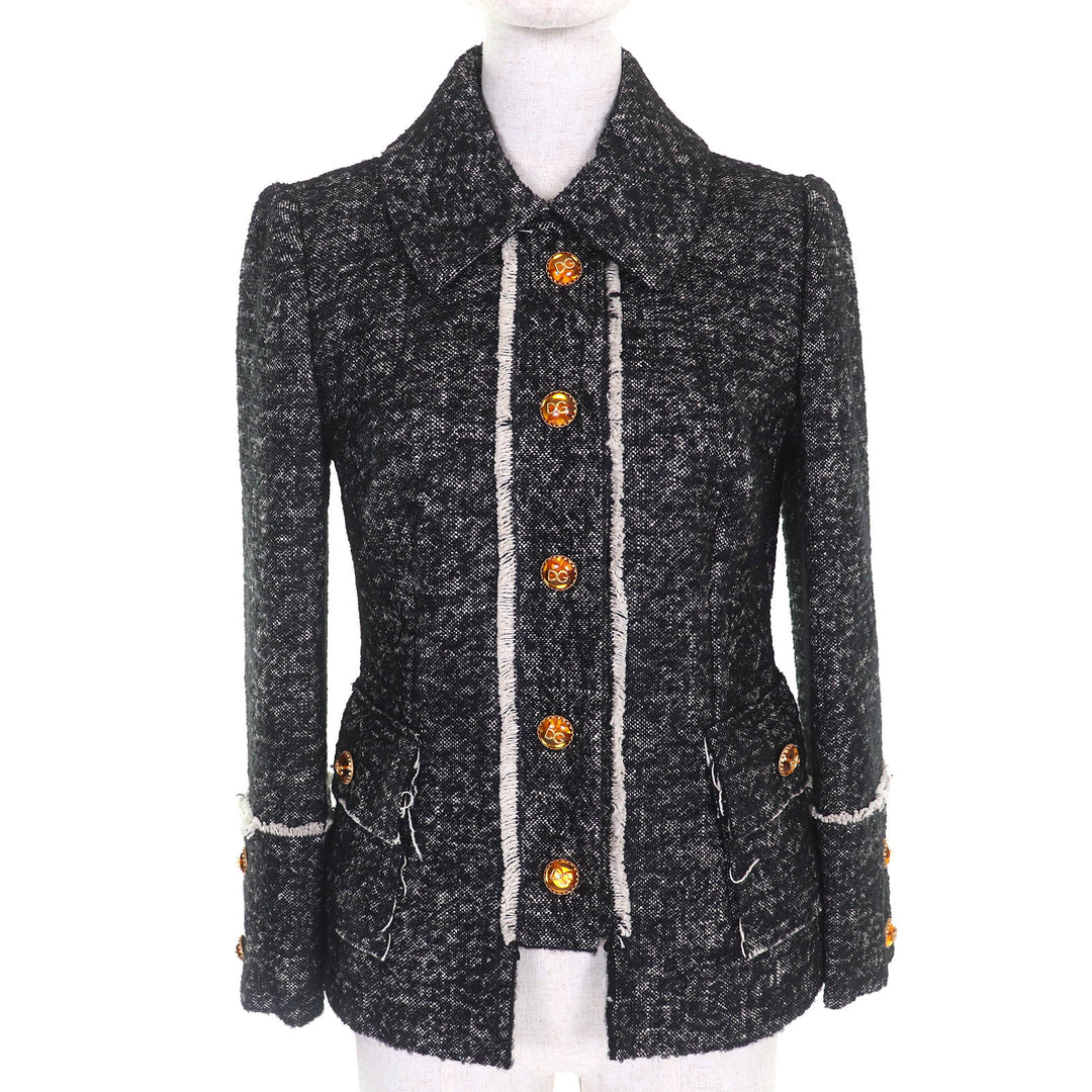 未使用品△DOLCE&amp;GABBANA ドルチェ＆ガッバーナ F28PGT 黒タグ 裏地フローラルプリント ロゴボタン ツイード ジャケット 36 正規品 伊製