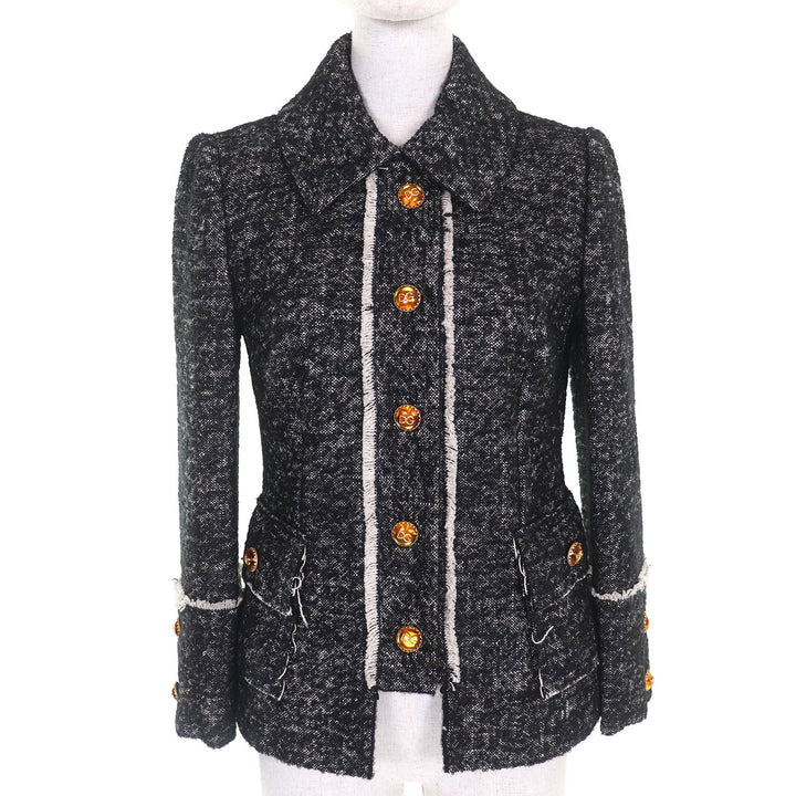 未使用品△DOLCE&amp;GABBANA ドルチェ＆ガッバーナ F28PGT 黒タグ 裏地フローラルプリント ロゴボタン ツイード ジャケット 36 正規品 伊製