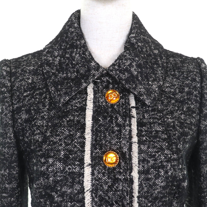 未使用品△DOLCE&amp;GABBANA ドルチェ＆ガッバーナ F28PGT 黒タグ 裏地フローラルプリント ロゴボタン ツイード ジャケット 36 正規品 伊製