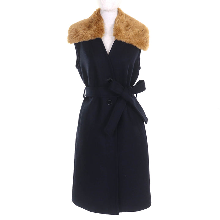 極美品△DRIES VAN NOTEN ドリスヴァンノッテン ウール エコファー ベルト付き ロングジレ ノースリーブコート ダークネイビー 36