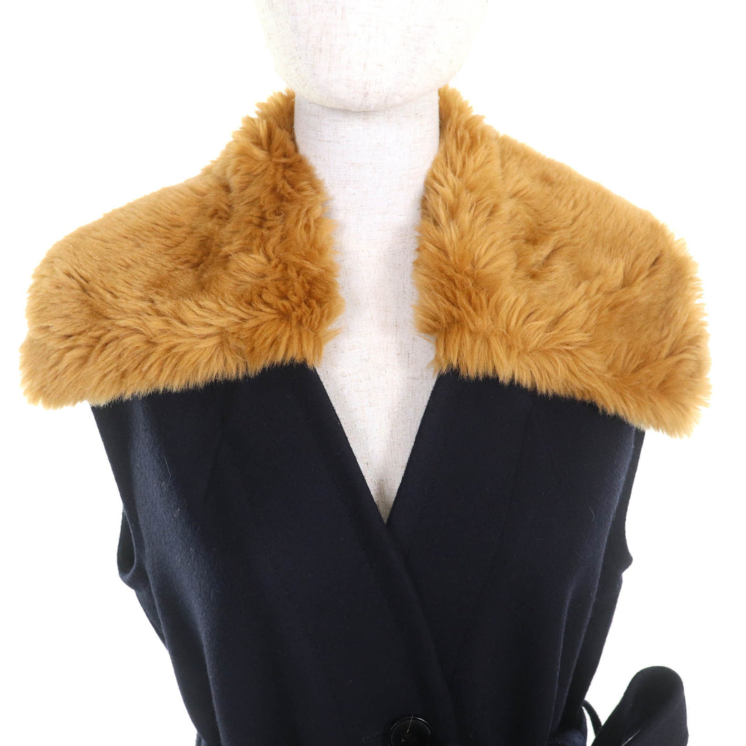 極美品△DRIES VAN NOTEN ドリスヴァンノッテン ウール エコファー ベルト付き ロングジレ ノースリーブコート ダークネイビー 36