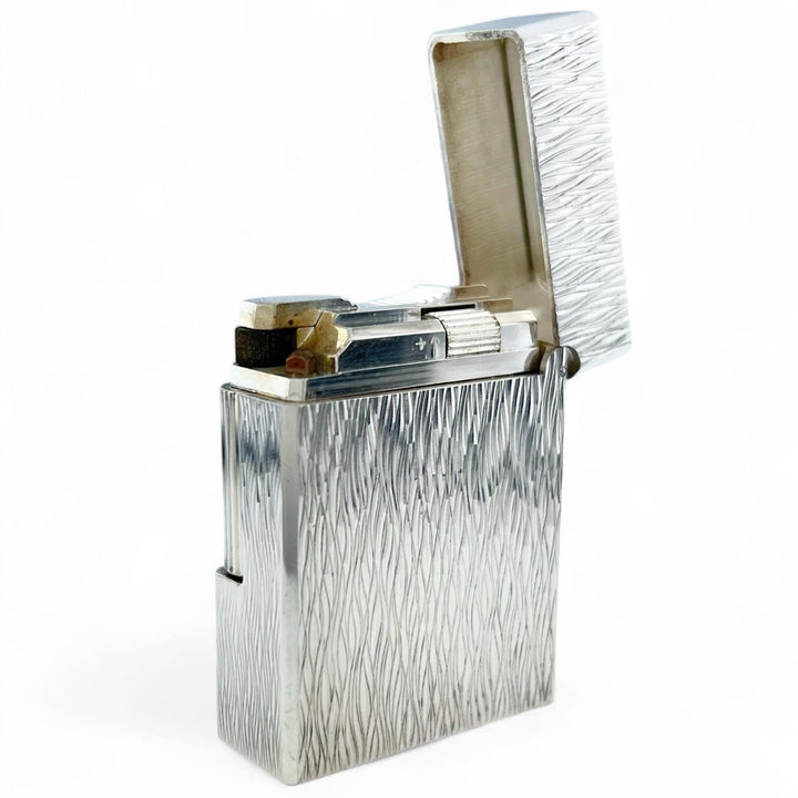 美品▲Dupont デュポン ライン1 ショート ウェーブ柄 希少 ローラー式 喫煙具 ガスライター シルバー フランス製 メンズ 着火確認済み