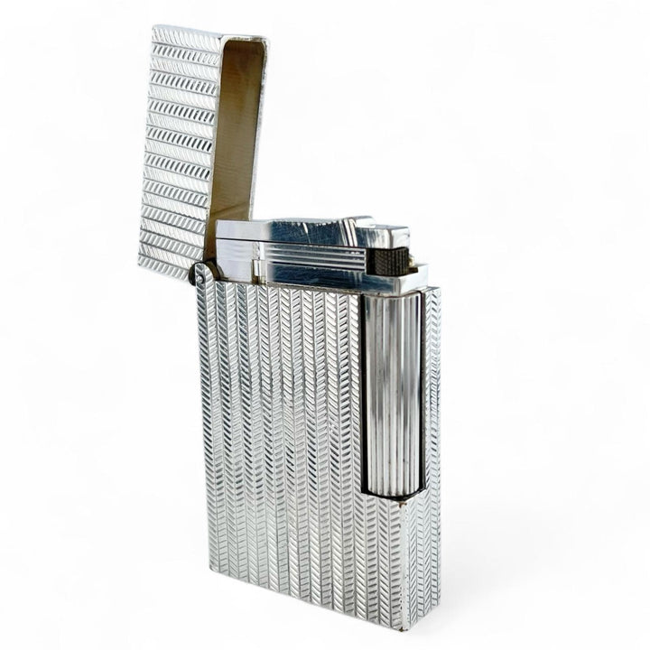 良品▲Dupont デュポン ライン2 ヘリンボーン柄 ローラー式 喫煙具 ガスライター シルバー フランス製 メンズ 着火確認済み