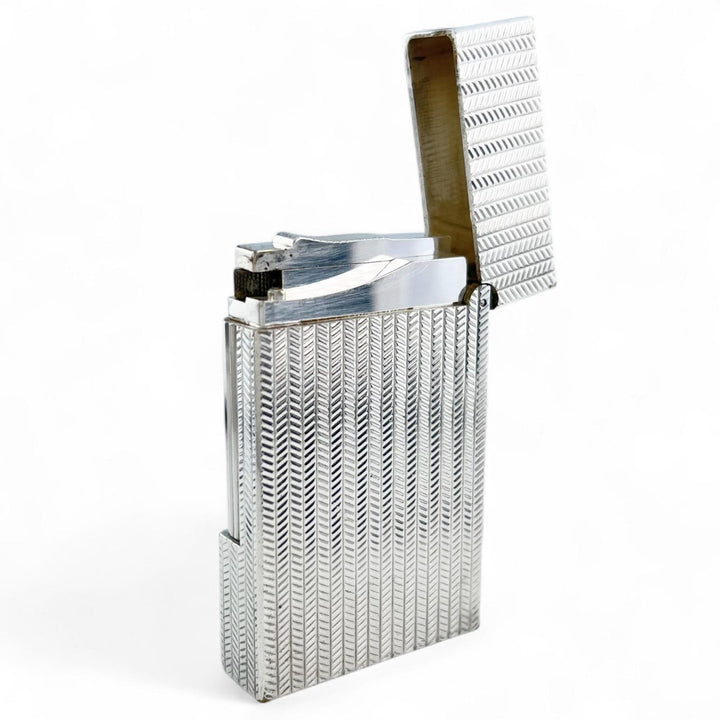良品▲Dupont デュポン ライン2 ヘリンボーン柄 ローラー式 喫煙具 ガスライター シルバー フランス製 メンズ 着火確認済み