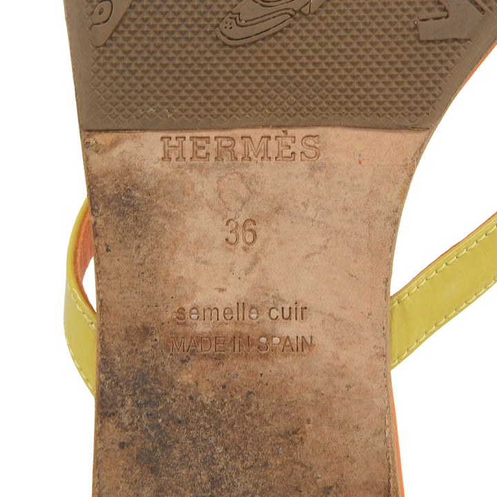 美品▲HERMES エルメス シルバー金具 メドール金具 レザー フラット トングサンダル オレンジ ライトブルー イエロー 36 箱付 スペイン製
