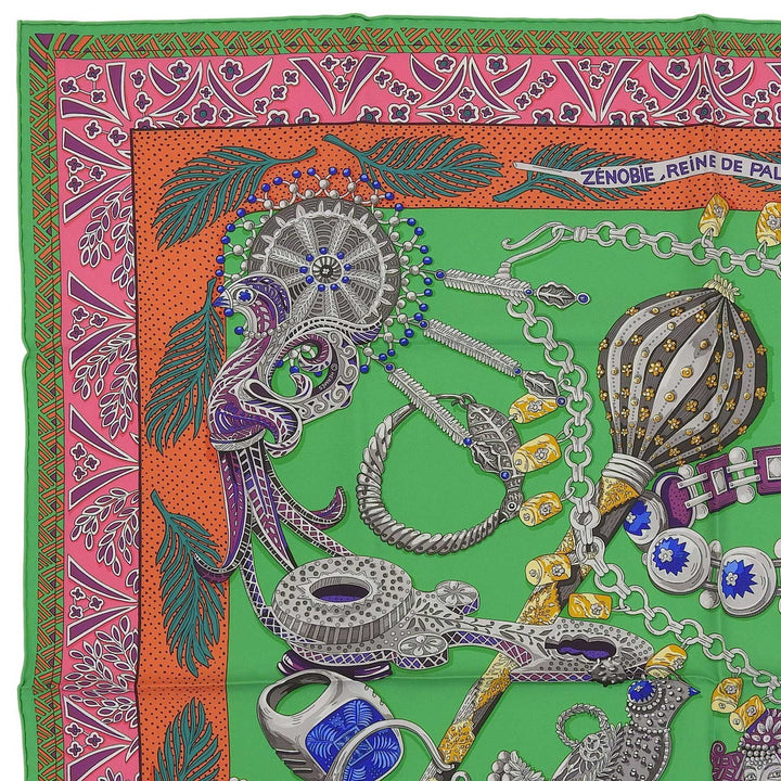 未使用品▲HERMES エルメス カレ90 ZENOBIE REINE DE パルミラの女王ゼノビア シルク100％ VERT/ORANGE/ROSE スカーフ 箱付き フランス製