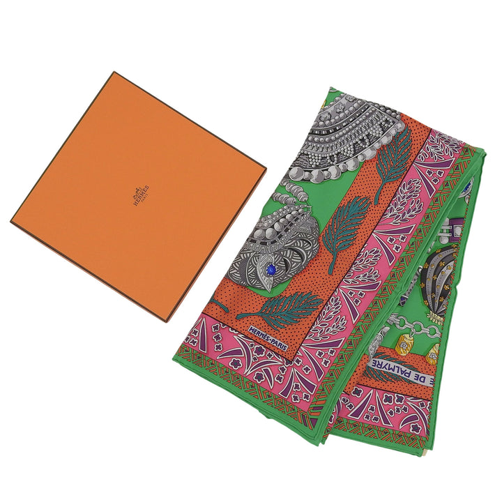 未使用品▲HERMES エルメス カレ90 ZENOBIE REINE DE パルミラの女王ゼノビア シルク100％ VERT/ORANGE/ROSE スカーフ 箱付き フランス製