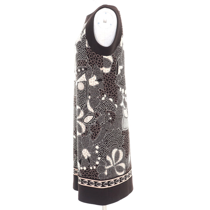 極美品◇LEONARD FASHION レオナール ファッション ウール 花柄 ひざ丈 ノースリーブ ワンピース ダークブラウン 38 日本製 正規品
