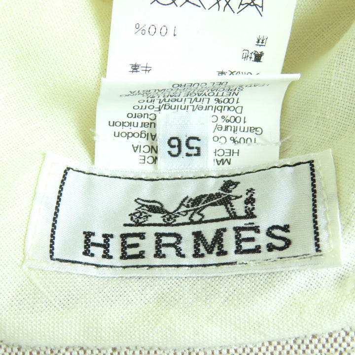 美品◇HERMES エルメス コットン100％ 裏地リネン100％ レザー使い 帽子 バケット ハット ベージュ 56 フランス製 正規品 レディース