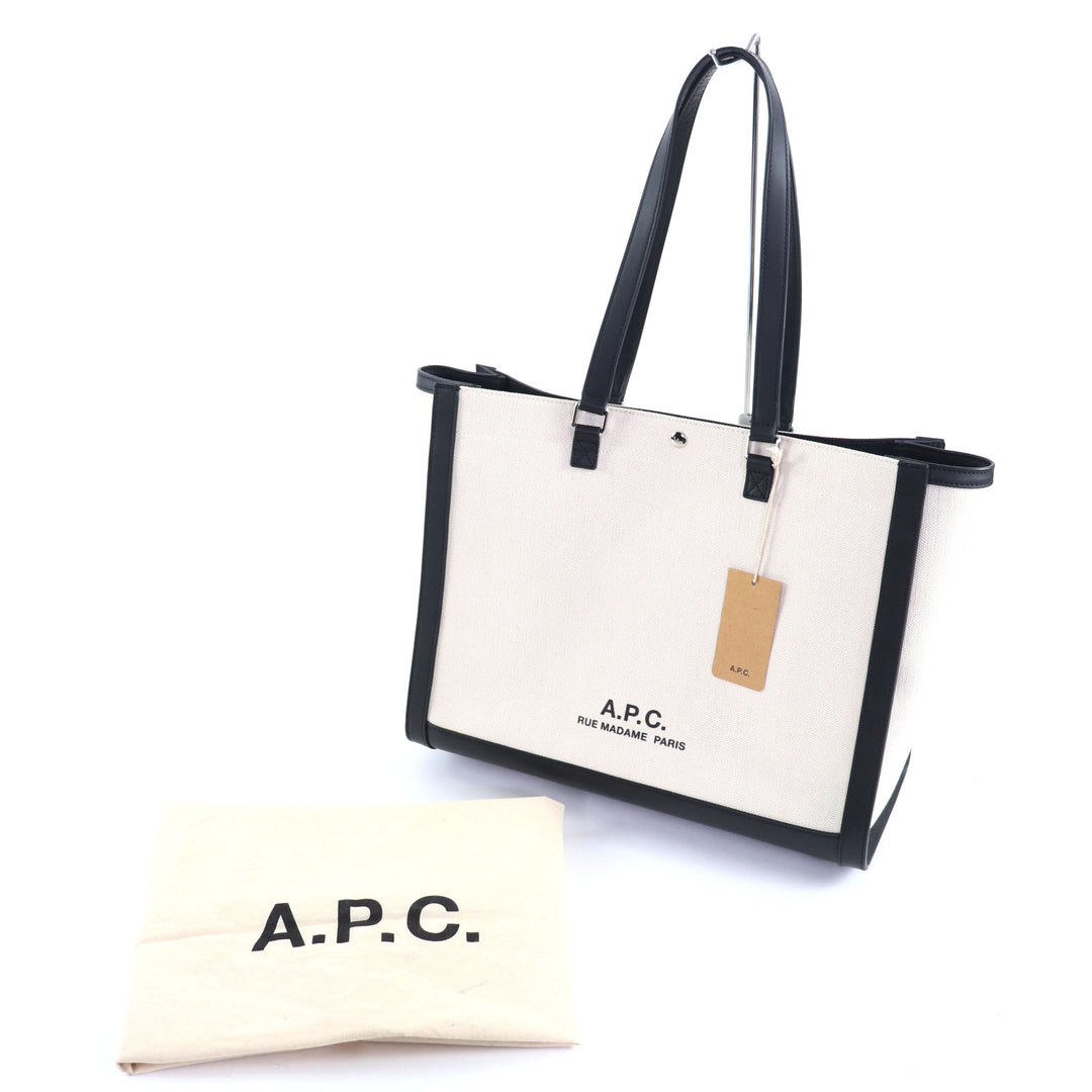極美品◇A.P.C. アーペーセー M61802 COEYO コットン リネン レザー使い ロゴ金具 2WAY 大型 ショルダー/トートバッグ 袋付き レディース