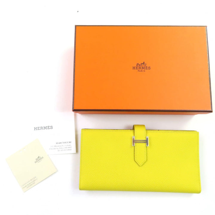 未使用品◇HERMES エルメス ベアンスフレ ヴォーエプソン ジョーヌナプル シルバー金具 Hロゴ 二つ折り 長財布 B刻印 箱付き フランス製