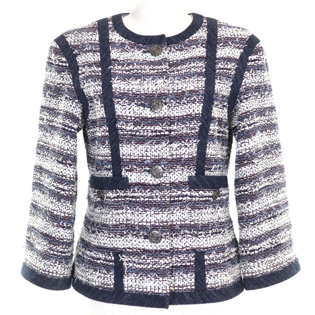 極美品◇CHANEL シャネル P45580V33648 コットン 裏地シルク100％ ココマークダラスボタン付き ツイード ノーカラージャケット 40 仏製