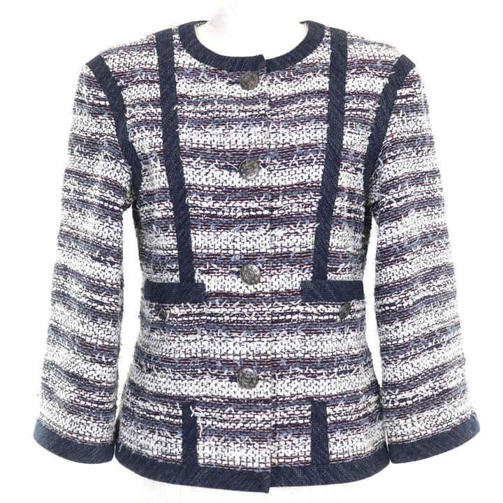 極美品◇CHANEL シャネル P45580V33648 コットン 裏地シルク100％ ココマークダラスボタン付き ツイード ノーカラージャケット 40 仏製