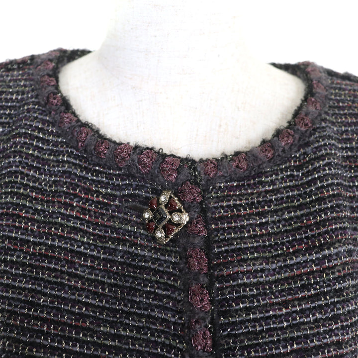美品◇CHANEL シャネル P42301 裏地シルク100％ ココマークボタン付 ラメ入り ノーカラー ツイード コート マルチ 38 フランス製 正規品