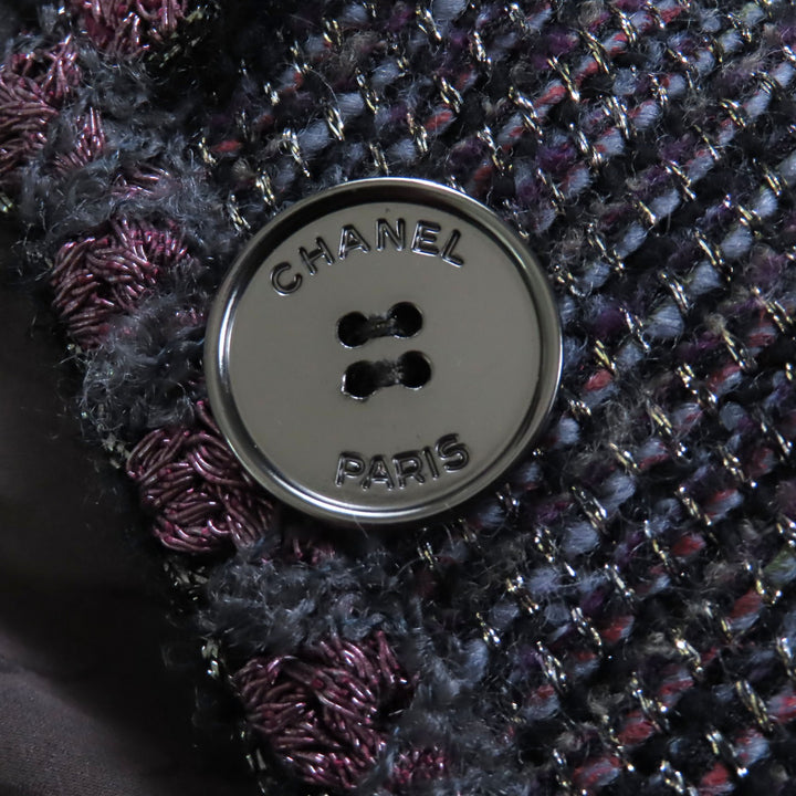 美品◇CHANEL シャネル P42301 裏地シルク100％ ココマークボタン付 ラメ入り ノーカラー ツイード コート マルチ 38 フランス製 正規品