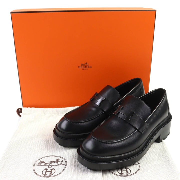 未使用品△HERMES エルメス 2025年製 252134Z モカシン ルーブル Hロゴ金具 レザー ローファー ブラック 36.5 箱・保存袋付き イタリア製