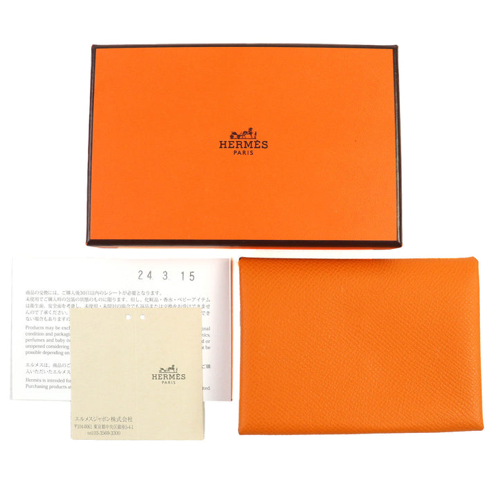 極美品△HERMES エルメス カルヴィ デュオ ヴォーエプソン シルバー金具 カードケース コインケース オレンジ B刻印 箱付き レディース