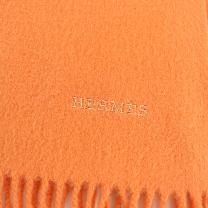良品☆HERMES エルメス カシミヤ100％ ロゴ刺繍 フリンジ付 大判 ショール ストール マフラー オレンジ レディース