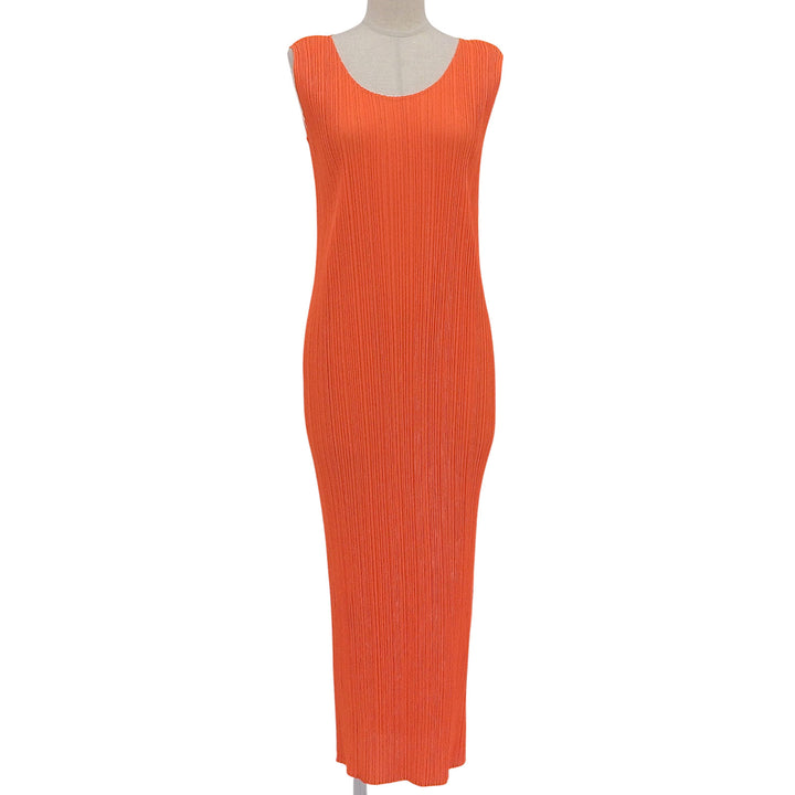 極美品▲PLEATS PLEASE プリーツプリーズ イッセイミヤケ PP11-JH201 マキシ丈 ノースリーブワンピース ネオンオレンジ 2 日本製 正規品