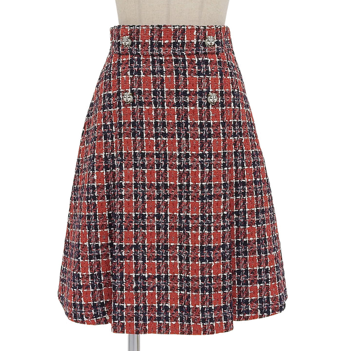 極美品▲GUCCI グッチ 516588 コットン混 タイガーボタン付き チェック柄 ひざ丈 ツイードスカート マルチ 38 伊製 正規品 レディース