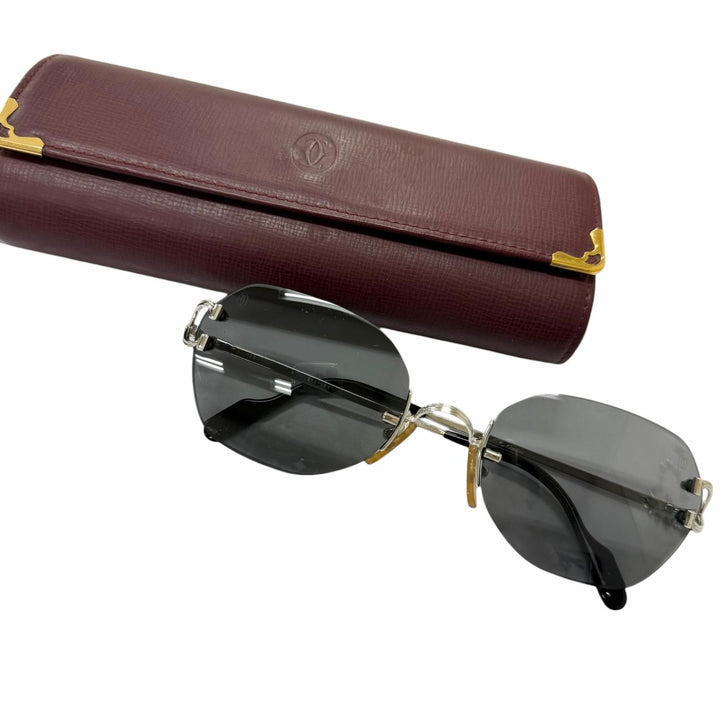 美品□Cartier カルティエ トリニティ ツーポイント リムレス サングラス アイウェア シルバー ブラック □20 フランス製 ケース付き