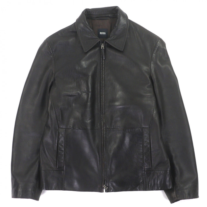 良品▼HUGO BOSS ヒューゴボス ラムレザー ダブルジップアップ ブルゾン ライダースジャケット ダークブラウン 48 メンズ
