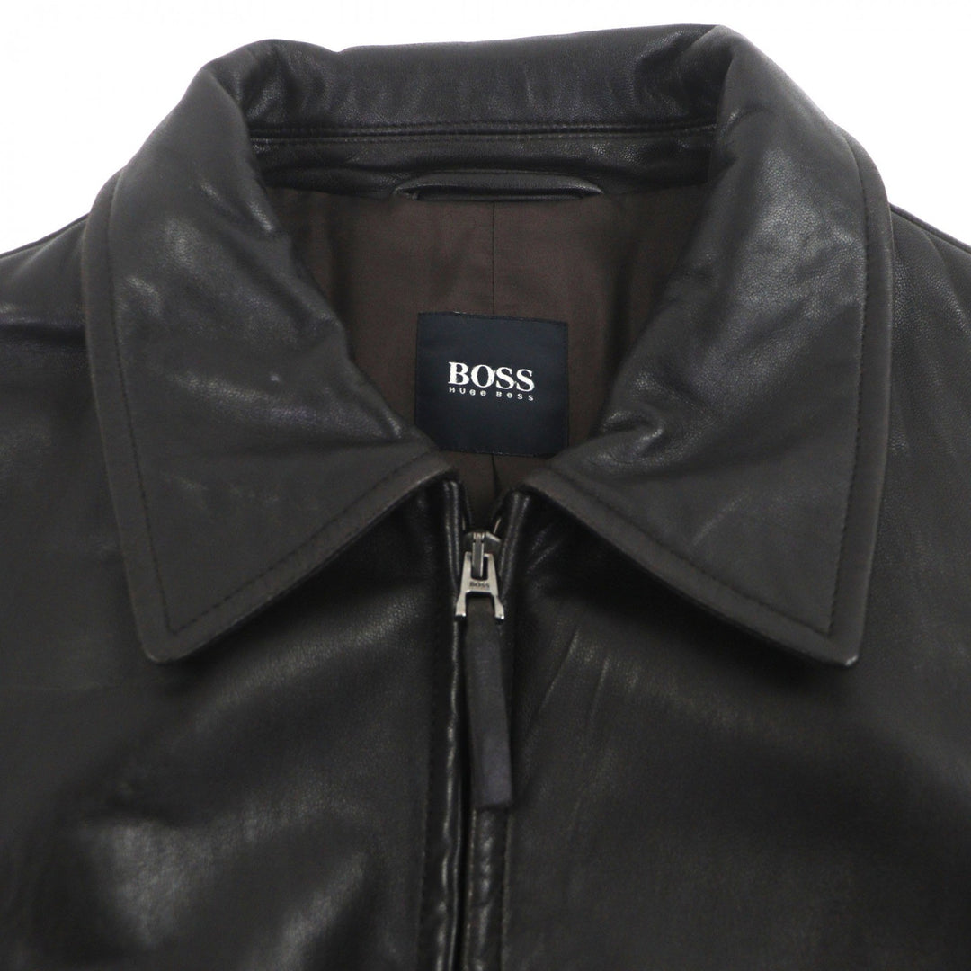 良品▼HUGO BOSS ヒューゴボス ラムレザー ダブルジップアップ ブルゾン ライダースジャケット ダークブラウン 48 メンズ
