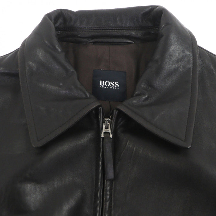 良品▼HUGO BOSS ヒューゴボス ラムレザー ダブルジップアップ ブルゾン ライダースジャケット ダークブラウン 48 メンズ