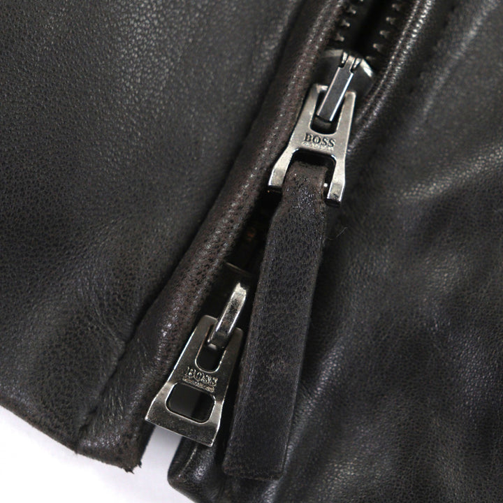 良品▼HUGO BOSS ヒューゴボス ラムレザー ダブルジップアップ ブルゾン ライダースジャケット ダークブラウン 48 メンズ