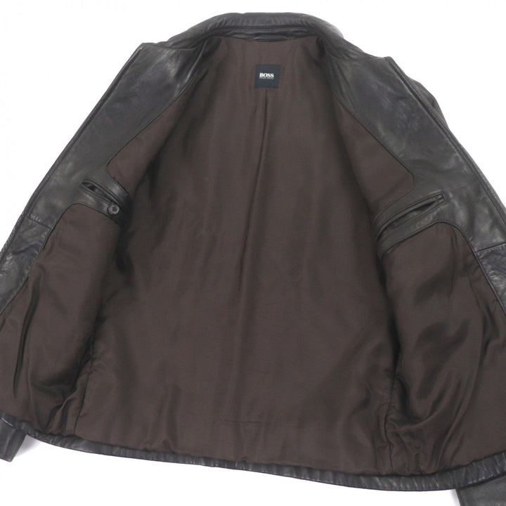良品▼HUGO BOSS ヒューゴボス ラムレザー ダブルジップアップ ブルゾン ライダースジャケット ダークブラウン 48 メンズ