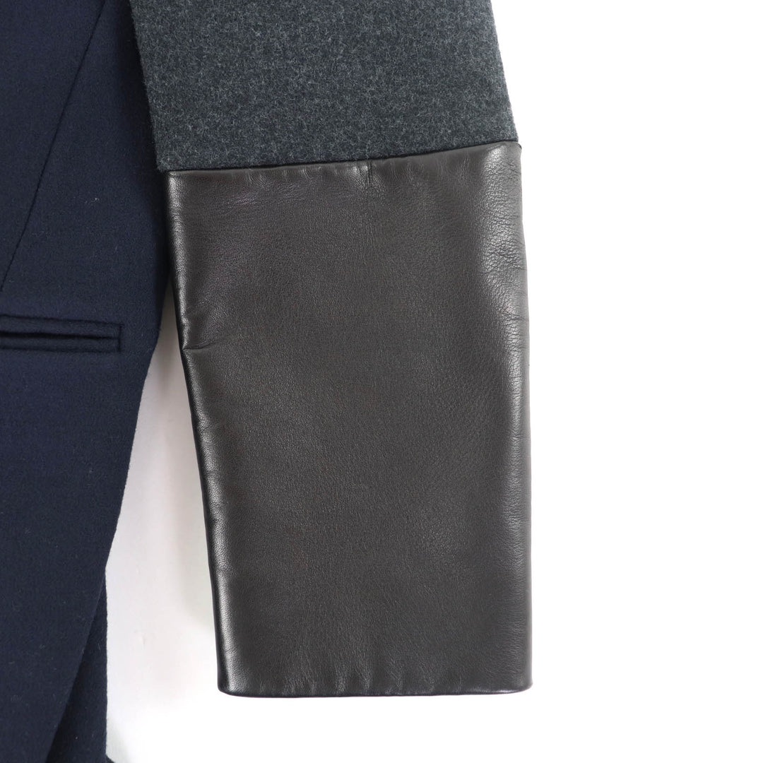 美品★CELINE セリーヌ 28H164154 ウール100％ フィービー期 レザー使い フロントオープン クロンビーコート 紺 36 ハンガー付 正規品