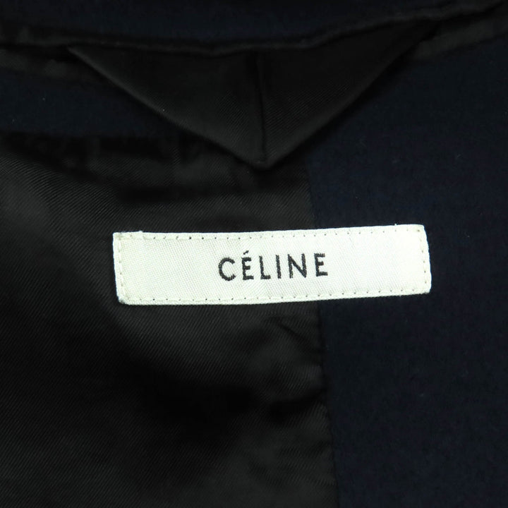 美品★CELINE セリーヌ 28H164154 ウール100％ フィービー期 レザー使い フロントオープン クロンビーコート 紺 36 ハンガー付 正規品