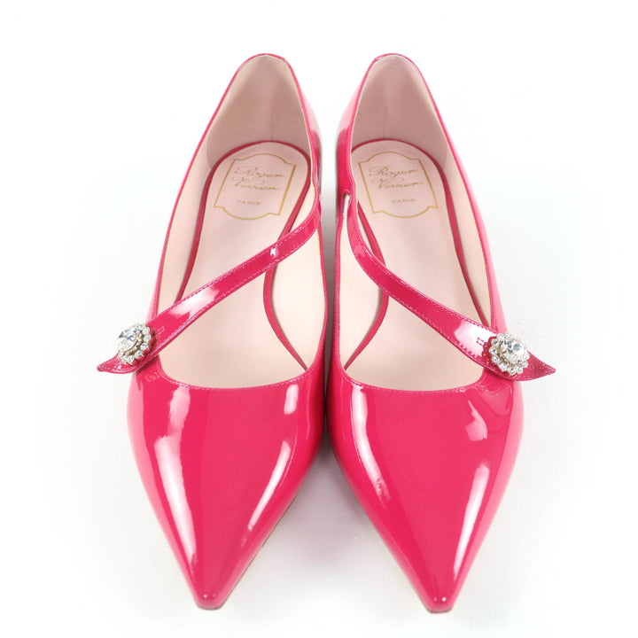 未使用品☆ROGER VIVIER ロジェヴィヴィエ JEWEL BUTTON BALL25 パテントレザー ビジュー付 パンプス ピンク 38.5 イタリア製 レディース