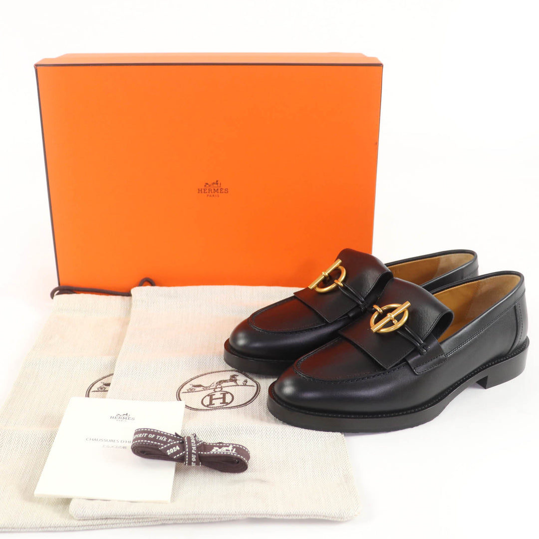 未使用品☆HERMES エルメス インパクト ゴールド金具 グレナンバックル付 レザー モカシン ブラック 36 箱・保存袋付 伊製 レディース