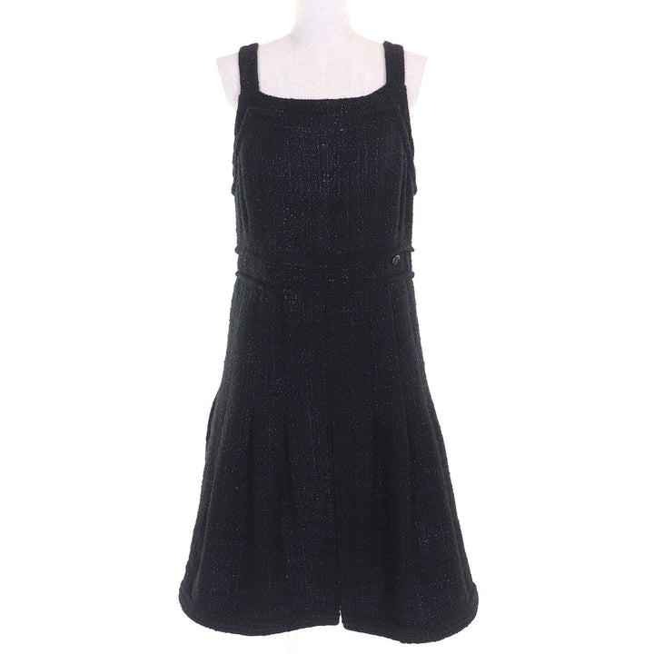 未使用品△CHANEL シャネル P44651 ココマークパーツ サイドジップ ノースリーブ ツイード ワンピース ブラック パープル 42 フランス製