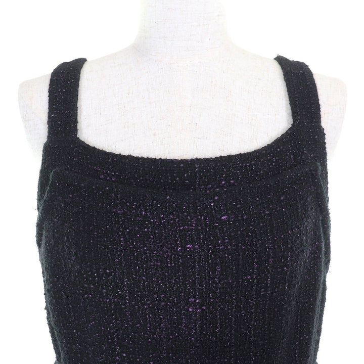 未使用品△CHANEL シャネル P44651 ココマークパーツ サイドジップ ノースリーブ ツイード ワンピース ブラック パープル 42 フランス製