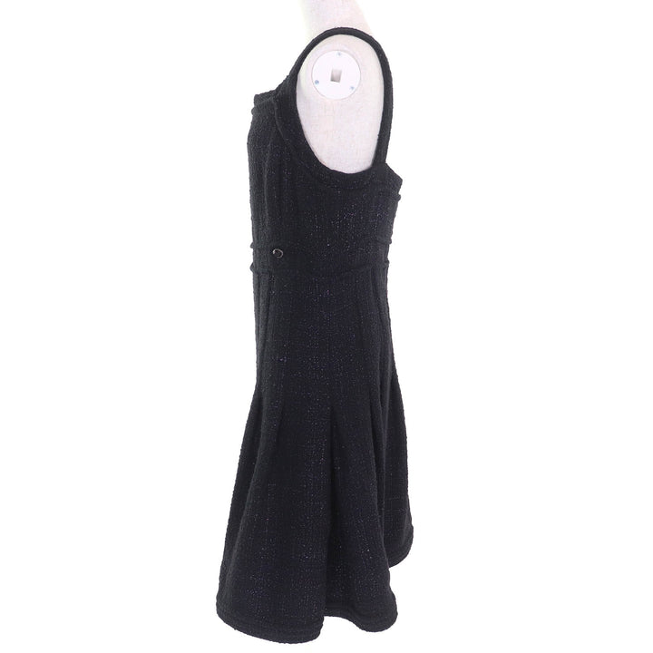 未使用品△CHANEL シャネル P44651 ココマークパーツ サイドジップ ノースリーブ ツイード ワンピース ブラック パープル 42 フランス製