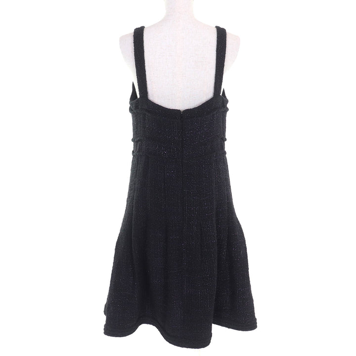 未使用品△CHANEL シャネル P44651 ココマークパーツ サイドジップ ノースリーブ ツイード ワンピース ブラック パープル 42 フランス製