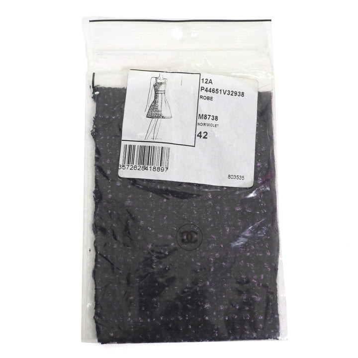 未使用品△CHANEL シャネル P44651 ココマークパーツ サイドジップ ノースリーブ ツイード ワンピース ブラック パープル 42 フランス製
