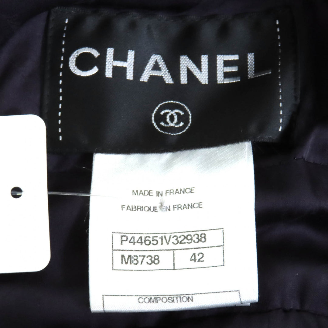 未使用品△CHANEL シャネル P44651 ココマークパーツ サイドジップ ノースリーブ ツイード ワンピース ブラック パープル 42 フランス製