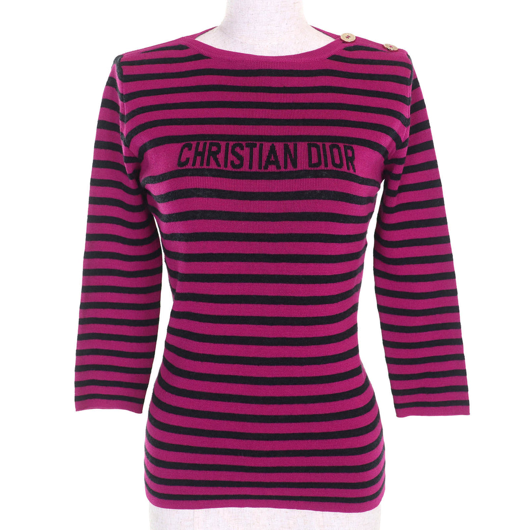 極美品△Christian Dior クリスチャンディオール 23AW 344597AM729 カシミヤ シルク混 シグネチャーロゴ ボーダー 長袖 ニット 44 正規品