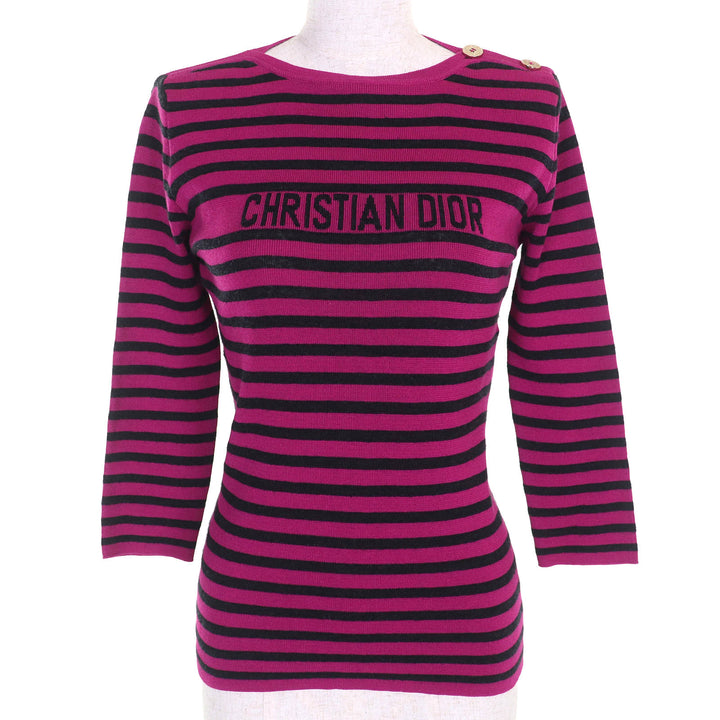 極美品△Christian Dior クリスチャンディオール 23AW 344597AM729 カシミヤ シルク混 シグネチャーロゴ ボーダー 長袖 ニット 44 正規品
