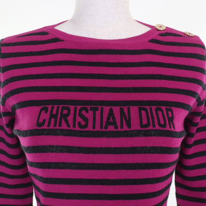 極美品△Christian Dior クリスチャンディオール 23AW 344597AM729 カシミヤ シルク混 シグネチャーロゴ ボーダー 長袖 ニット 44 正規品