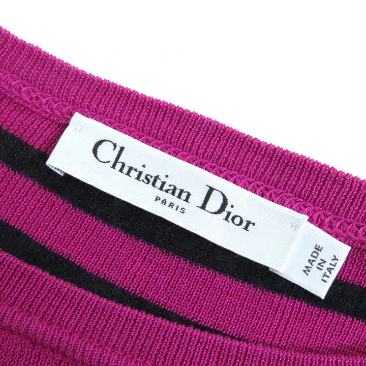 極美品△Christian Dior クリスチャンディオール 23AW 344597AM729 カシミヤ シルク混 シグネチャーロゴ ボーダー 長袖 ニット 44 正規品